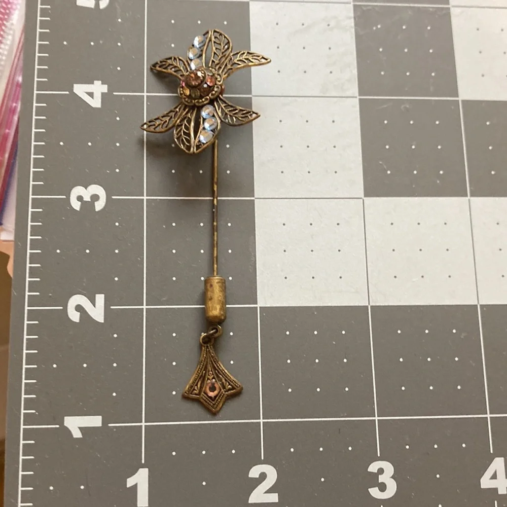 Vintage antique gold tone stick pin with crystal embellishments